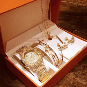 8 Pcs Women Watch Set Inlaid Diamond Watch Leaf Bracelet Set Necklace Earrings Jewelry Kit discountshub