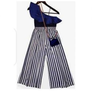 Black And White Stripes Palazzo Pant And Royal Blue Top With Mini Neck Bag discountshub