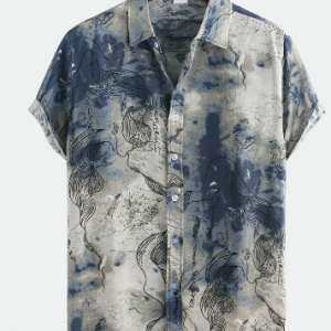 Mens Chinese Style Abstract Printing Short Sleeve Loose Casual Shirts discountshub