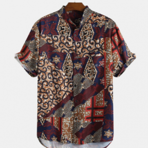 Mens Fashion Casual Ethnic Style Printed Short Sleeve Stand Collar Shirt discountshub