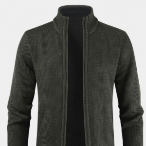 Mens Ribbed Knit Zip Front Stand Collar Cotton Solid Slant Pocket Cardigans discountshub