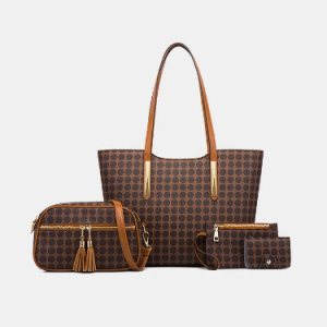 Women PU Leather 4 PCS Tassel Gingham Pattern Handbag Tote discountshub