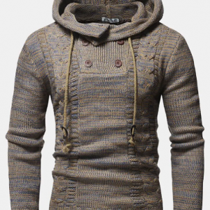 Mens Ethnic Printing Double Breasted Knitting Warm Long Sleeve Hooded Sweaters discountshub