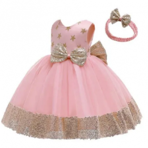 FashionKids Baby Party Ball Dress With Head Band - Pink And Gold discountshub