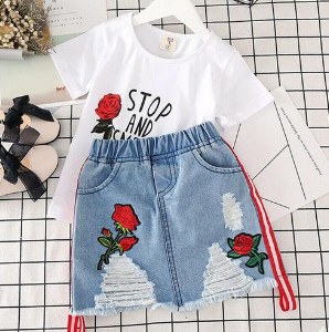 2pcs Girl Flower Embroidery Set Short Sleeve Top Skirt Suit discountshub