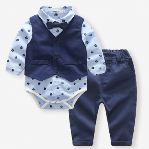 Baby Sailboat Print Bowtie Patchwok Long Sleeves Casual Shirt+Pant for 6-24M discountshub