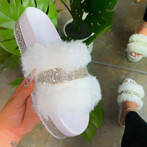 Luxury Designer Women Fur Rhinestone Slippers Platform Wedges Heel Solid Fluffy Furry Slides Outside Sexy Shoes Ladies Whosale discountshub