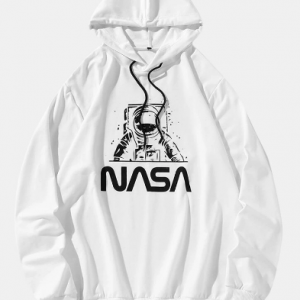 Mens Astronaut NASA Print Cotton Casual Drawstring Overhead Hoodies discountshub