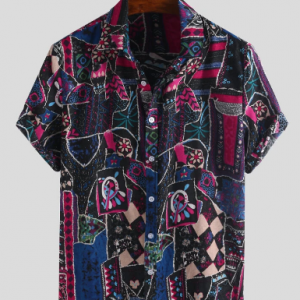 Mens Ethnic Style Pattern Printed Short Sleeve Summer Loose Casual Shirt discountshub