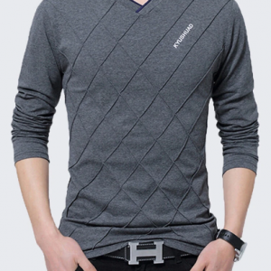 S-3XL Mens Stylish Lines Design Solid Color V-neck Long Sleeve Casual Cotton T-Shirt discountshub