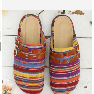 Women Casual Comfy Colorful Stripe Large Round Toe Backless Flats discountshub