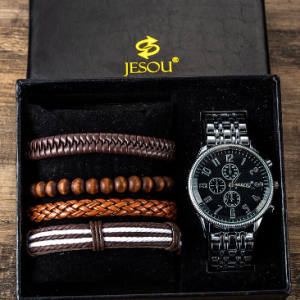 5 Pcs Vintage Men Watch Set Steel Band Quartz Watch Beaded Leather Bracelet Gift Kit discountshub
