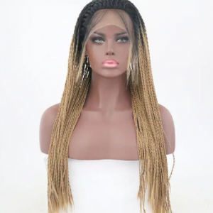 Black Gradient Gold Braided Long Straight Hair Wig Chemical Fiber Front Lace Hair discountshub