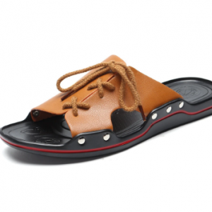 Men Pure Color Leather Slip Resistant Soft Sole Casual Beach Slippers discountshub