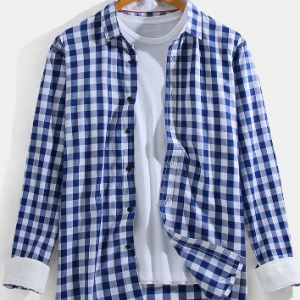 Mens 100% Cotton Plaid Double Pockets Casual Long Sleeve Shirts discountshub