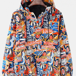 Mens Allover Cartoon Figure Print Half Zip Drawstring Cuff Street Stylish Hoodies discountshub