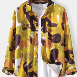 Mens Allover Printing Lapel Long Sleeve Shirt With Pocket discountshub
