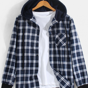 Mens Basic Plaid Print Button Up Casual Hooded Shirts With Pocket discountshub