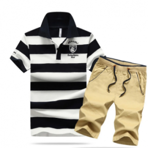 Mens Breathable Smooth Striped Printed Sport Sets Fashion Turn Down Collar T Shirt Drawstring Shorts discountshub