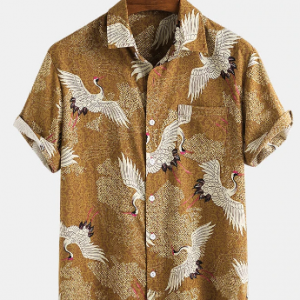 Mens Chinese Classical Style Red-Crowned Crane Short Sleeve Shirts discountshub