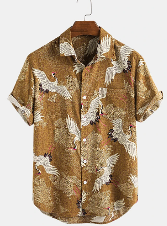 Mens Chinese Classical Style Red-Crowned Crane Short Sleeve Shirts discountshub