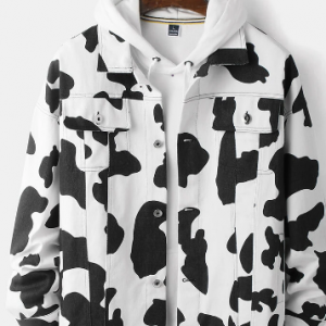 Mens Cow Pattern Button Up Lapel Cotton Casual Cargo Jackets discountshub