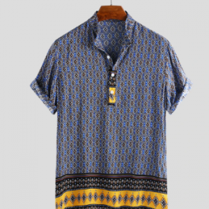 Mens Ethnic Printing Vintage Stand Collar Half Sleeve Loose Casual Henley Shirt discountshub