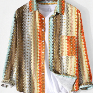 Mens Ethnic Style Print Striped Lapel Long Sleeve Shirt With Pocket discountshub