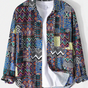 Mens Mixed Tribal Pattern Ethnic Style Lapel Long Sleeve Shirt discountshub