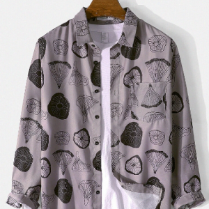 Mens Mushroom Pattern Print Casual Lapel Long Sleeve Shirt discountshub