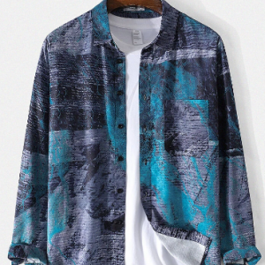 Mens Texture Tie-Dye Print Designer Lapel Long Sleeve Shirt discountshub