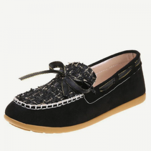 Women Casual Round Toe Knitted Gingham Bowknot Loafers Shoes discountshub