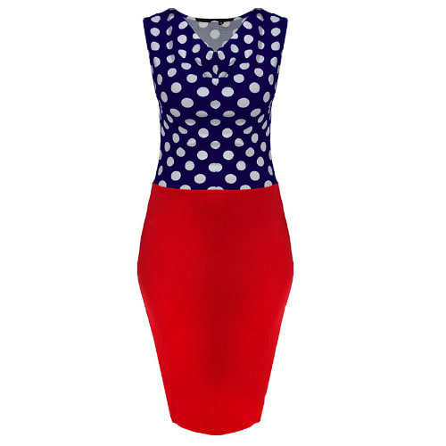 Women's Polka Dot Sleeveless Elegant Office Dress With Belt - Blue & Red discountshub