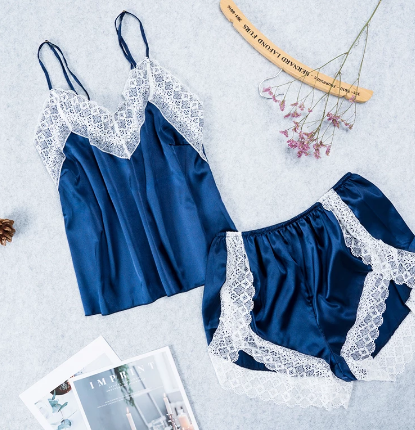 Women's Sleepwear Sexy Satin Pajama Set White Lace V-Neck Pyjamas Sleeveless Cute Cami Top and Shorts Solid Rayon Nightwear discountshub