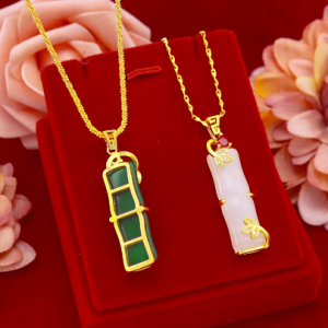 Fashion 14k Gold Necklace Pendant No Chain Women's Birthday Gift Bamboo Pendant Stone Green Emerald Jade Gemstone Jewelry Female discountshub