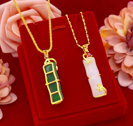Fashion 14k Gold Necklace Pendant No Chain Women's Birthday Gift Bamboo Pendant Stone Green Emerald Jade Gemstone Jewelry Female discountshub
