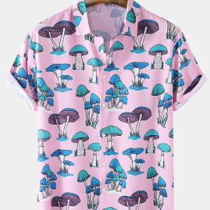 Mens All Over Cartoon Mushroom Dot Print Casual Short Sleeve Shirts discountshub