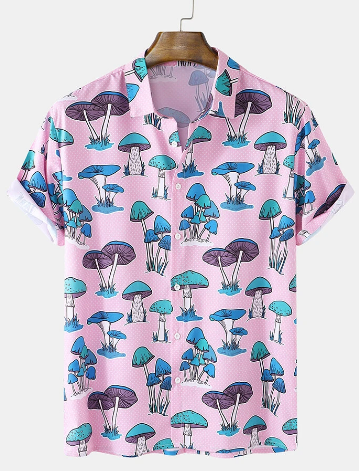 Mens All Over Cartoon Mushroom Dot Print Casual Short Sleeve Shirts discountshub