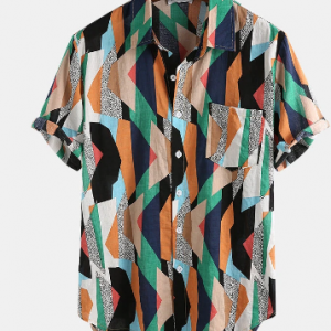 Mens Casual Striped Geo Print Pocket Short Sleeve Shirts discountshub