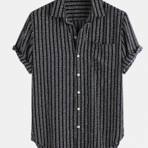 Mens Casual Striped Turn Down Collar Short Sleeve Shirts discountshub