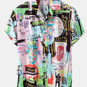 Mens Colorful Abstract Element Print Light Casual Short Sleeve Shirts discountshub