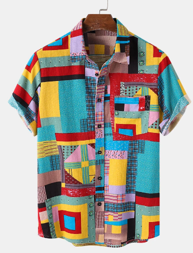 Mens Colorful Ethnic Pattern Print Lapel Short Sleeve Holiday Shirt discountshub
