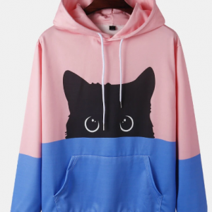Mens Cute Cat Print Contrast Casual Drawstring Hoodies With Kangaroo Pocket discountshub