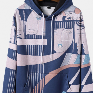 Mens Ethnic Style Print Long Sleeve Hoodie With Kangaroo Pocket discountshub