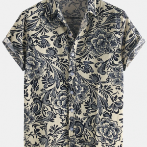 Mens Ethnic Style Printing Loose Turndown Collar Short Sleeve Casual Shirts discountshub