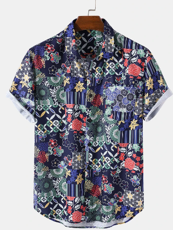 Mens Geometry & Floral Print Lapel Button Up Short Sleeve Holiday Shirt discountshub