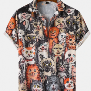 Mens Halloween Allover Funny Cat Print Casual Loose Fit Short Sleeve Shirts discountshub