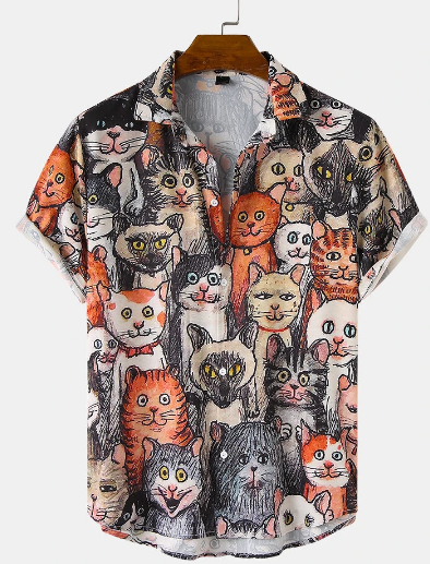 Mens Halloween Allover Funny Cat Print Casual Loose Fit Short Sleeve Shirts discountshub