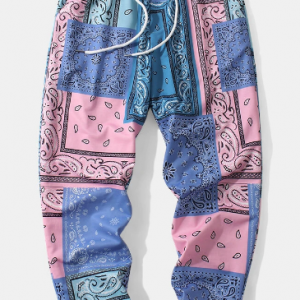 Mens Mixed Bandana Pattern Print Drawstring Waist Jogger Pants discountshub