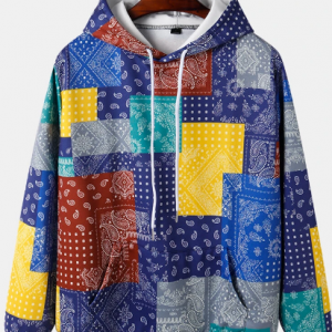 Mens Paisley Print Colorblock Long Sleeve Hoodie With Pocket discountshub